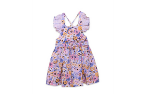 Toddler ruffle sleeve dress in purple flowers, back view