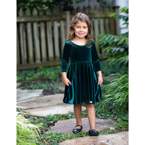 Girls Christmas holiday twirly dress in green velvet