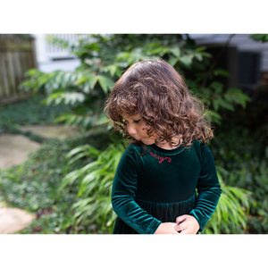 Baby christmas bubble romper in green velvet with embroidery