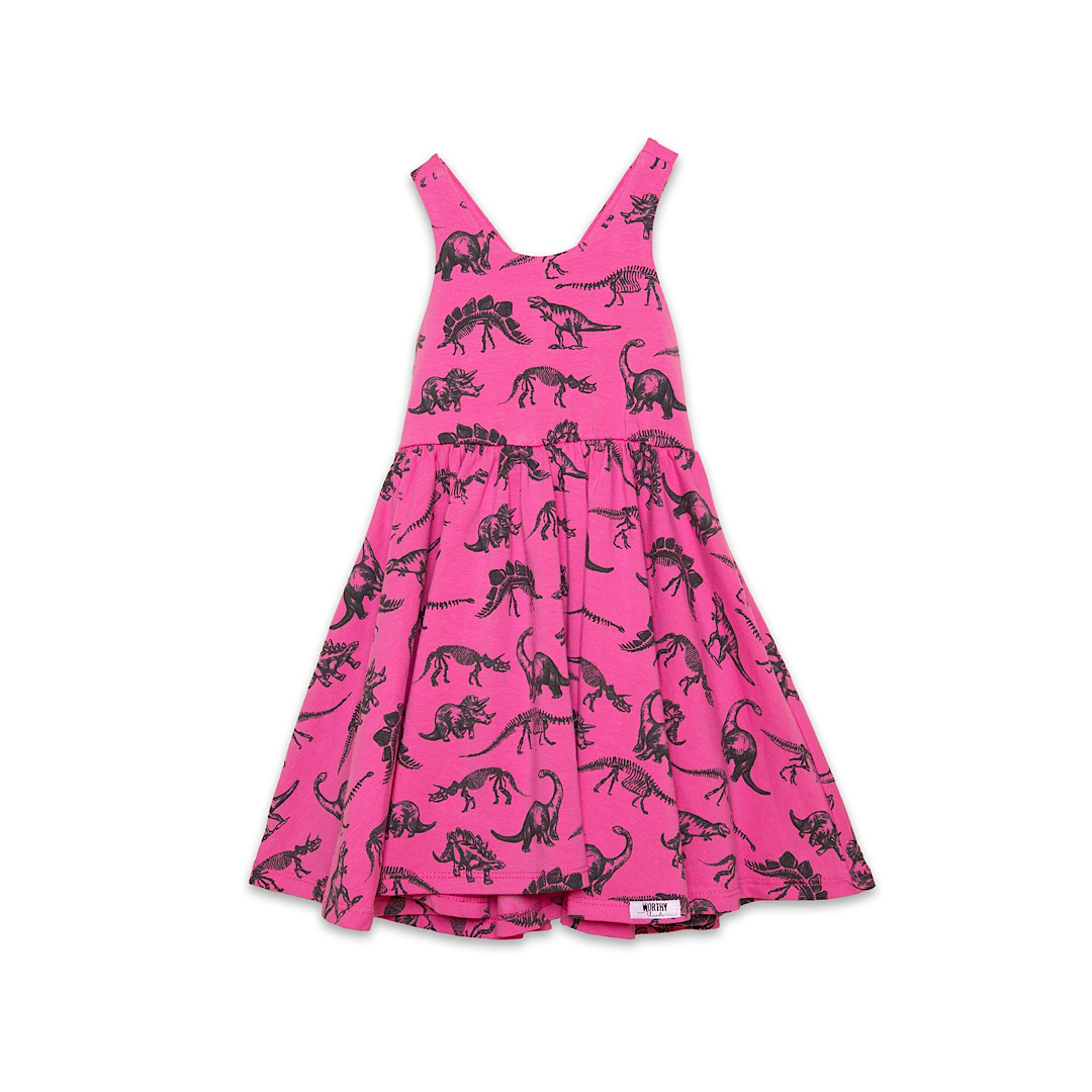Girls cross back knit summer dress in hot pink with dino print, has pockets