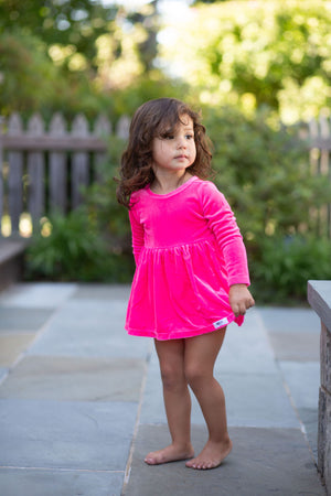 Baby bubble romper in hot pink stretch velvet