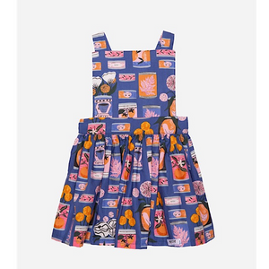 Girls pinafore dress in funky tin can flowers print, apron dress