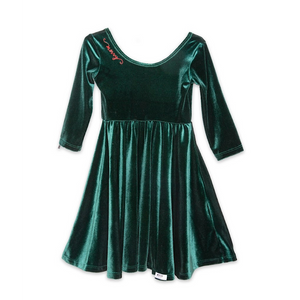 Girls christmas holiday twirly dress in green velvet with embroidery at the neck