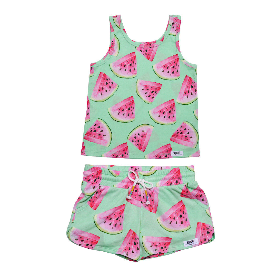 Kids matching set in green watermelon print- tank top and shorts