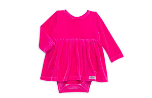 Baby bubble romper in neon pink stretch velvet