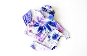 Kids tie dye loungewear set in purple: tie dye hoodie and jogger combo