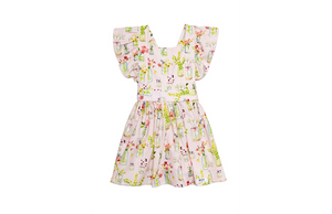 Vintage inspired dress with ruffle sleeves in pink plants print