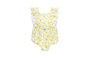 Baby bubble romper in Lemons print, back view
