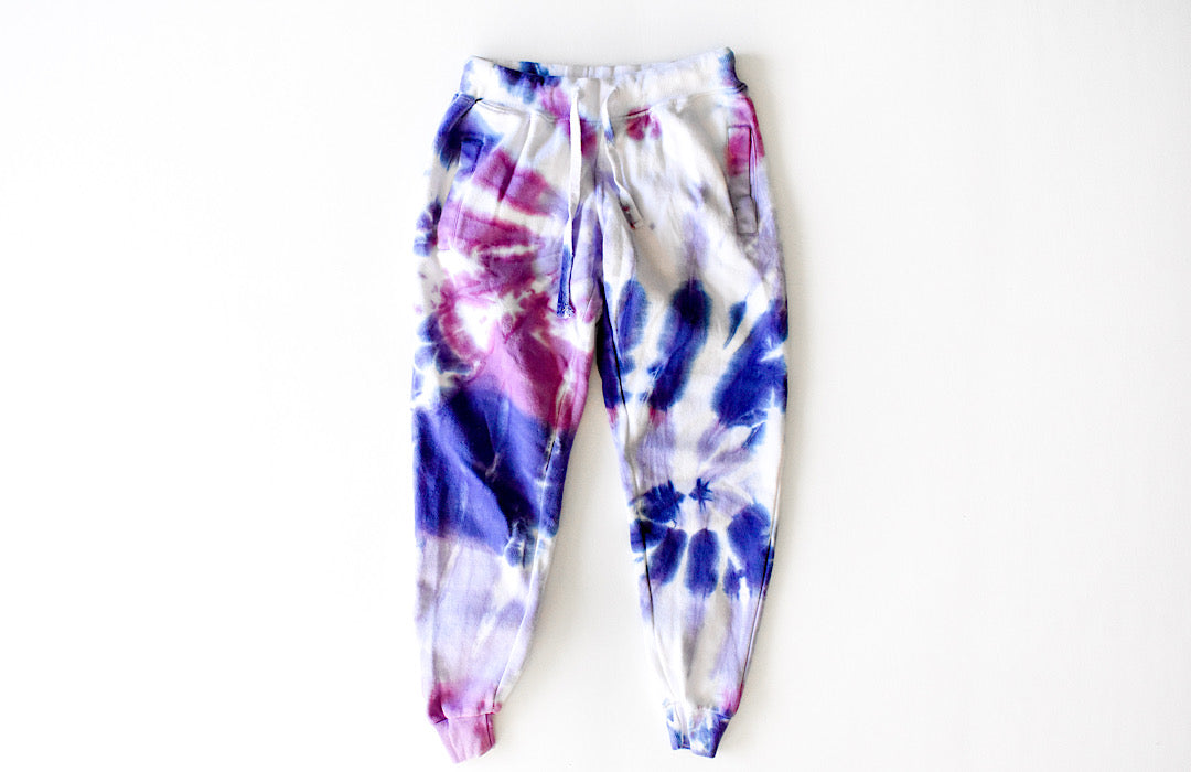 Adult tie dye joggers in purple.  Unique tie dye loungewear sets