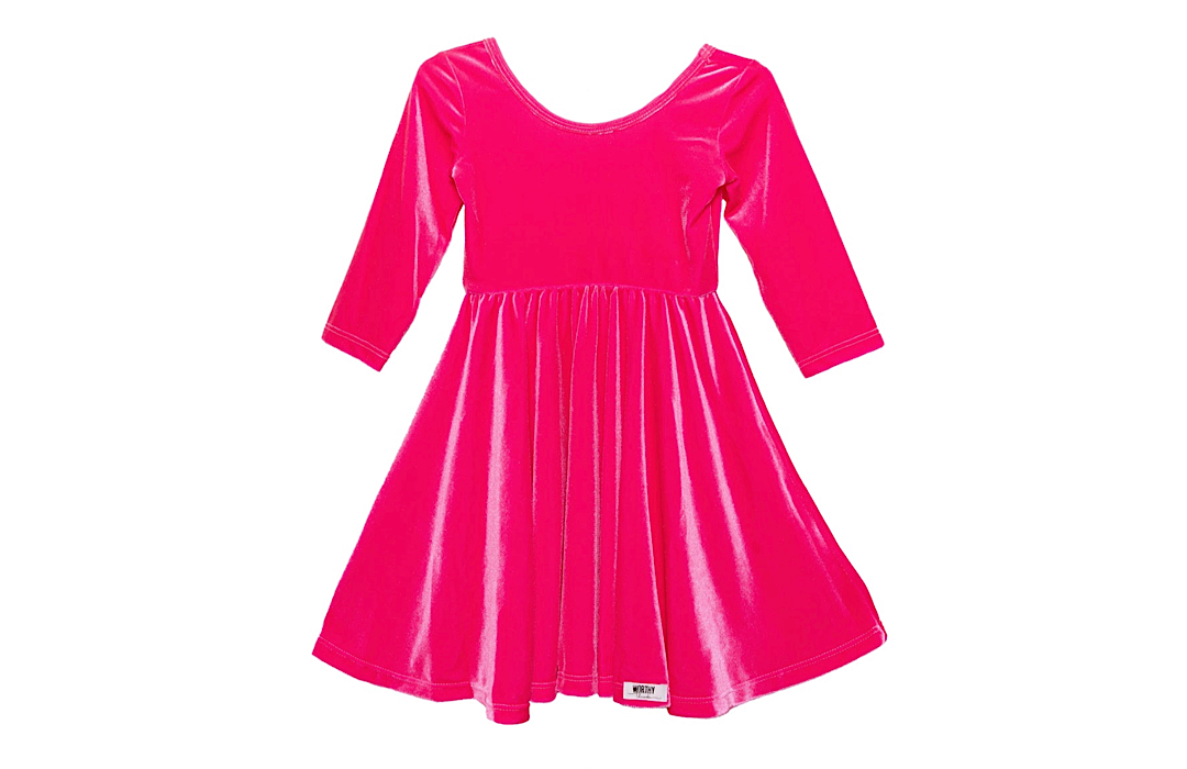 Girls hot pink twirly dress in stretch velvet: unique kids clothing