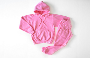 Matching loungewear set for adults: hoodie and joggers in Barbie pink